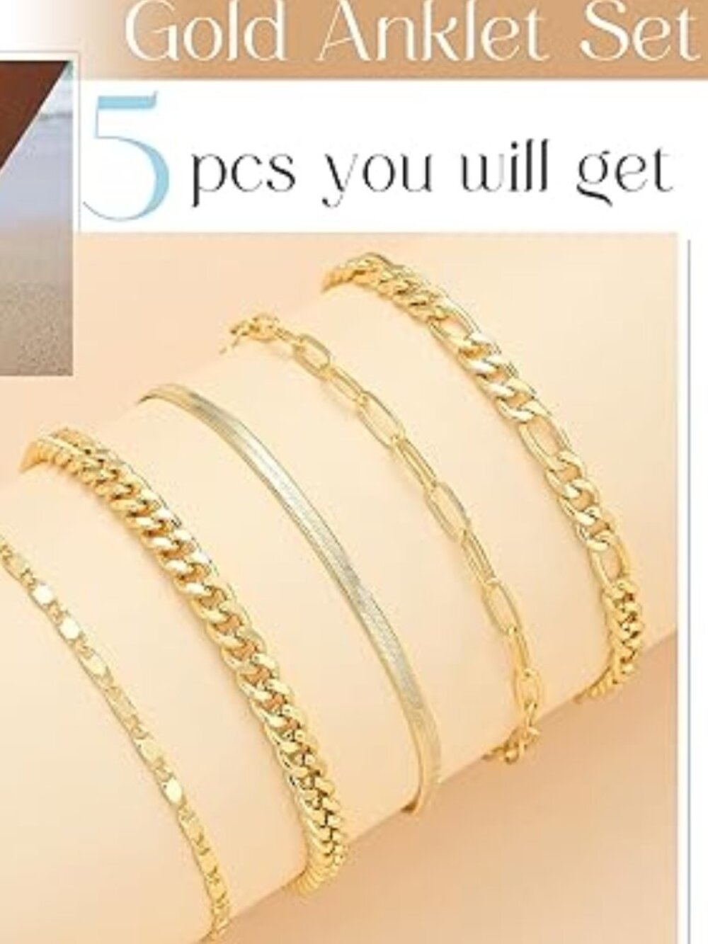 5 Gold Ankle Bracelets 14k Gold Cuban Link Chain Anklets Adjustable